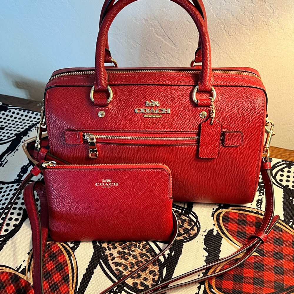 Coach Rowan Satchel W/Matching Corner Zip Pouch Red NWOT $180
